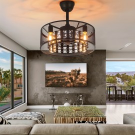 Black Industrial Style Crystal Inverter Ceiling Fan Light, Lamp Head Model: E26 * 4pcs Without Light Source, Suitable for Living Room, Restaurant, Foyer Chandelier