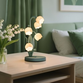Modern Green Lily-of-the-Valley Table Lamp with Flower-Shaped Shade - Plug-in White Bulb (Compatible with E27), Soft Glow Night Light for Bedroom, Living Room,, Hotels & B&Bs - Glossy Plastic/Metal Bell Lighting Fixture