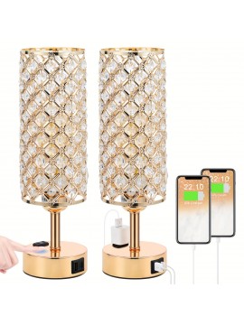 2 Golden Crystal Desk Lamps with Touch Dimmable Table Lights, USB-A+C and Single AC Two-Prong Plug, Suitable for Office, Living Room, Bedroom, with Bulb
