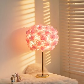 1-in-1 Rose Table Lamp with Dimmable RGB Color Changing (Pink Roses) - USB-Powered Plug-in Bulb, Metal Base & Glossy Dome Shade for Bedroom, Living Room, Weddings, Parties - Decorative Gift for &