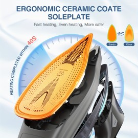 1700-Watt Steam Iron with Digital LED Screen, Ceramic Coated Soleplate, Anti-Drip & Self-Cleaning, 3-Way Auto Shut-Off, 4 Preset Steam & Temperature Settings for Various Fabrics, 300ml Water Tank, Portable Design