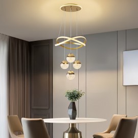 [4-Ball LED Pendant Light] Gorgeous, Elegant, High-End, Modern, Simple, Light Luxury, 4-Ball LED Base, Luminous Ring, Adjustable Suspension Line, Electroplating Process, Suitable for Living Room, Bedroom, Study, Corridor, Dining Room, Corridor, Bar, Pendant Light, Hanging Pendant Light, Indoor Pendant Light