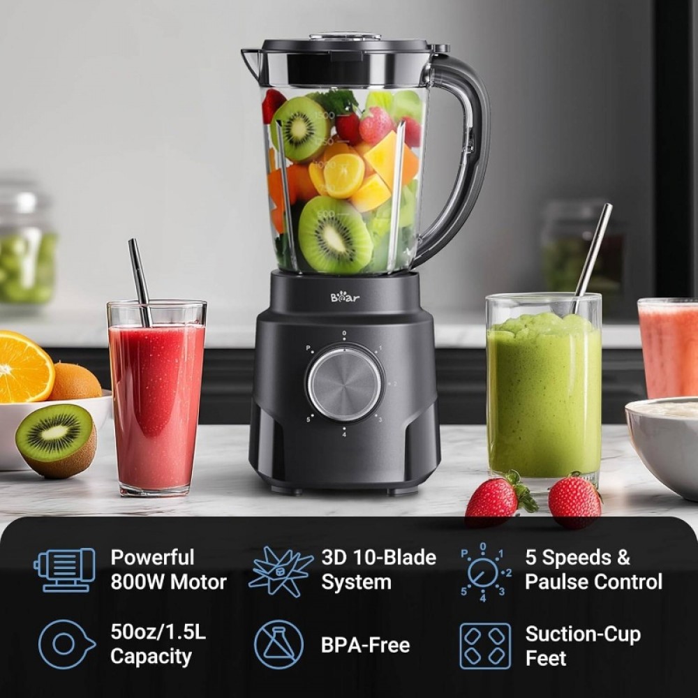 800W 6-Speed Heavy-Duty Blender with 10-Blade System & Cup - 50oz/1.5L Large Capacity, Non-Slip Base & Easy-Pour Spout, operation (Power Source: Not Included) for Smoothies, Ice Crushing, Puree - Countertop Blenders for